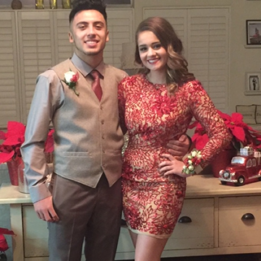 Short backless long sleeve red sequin Sherri Hill dress
